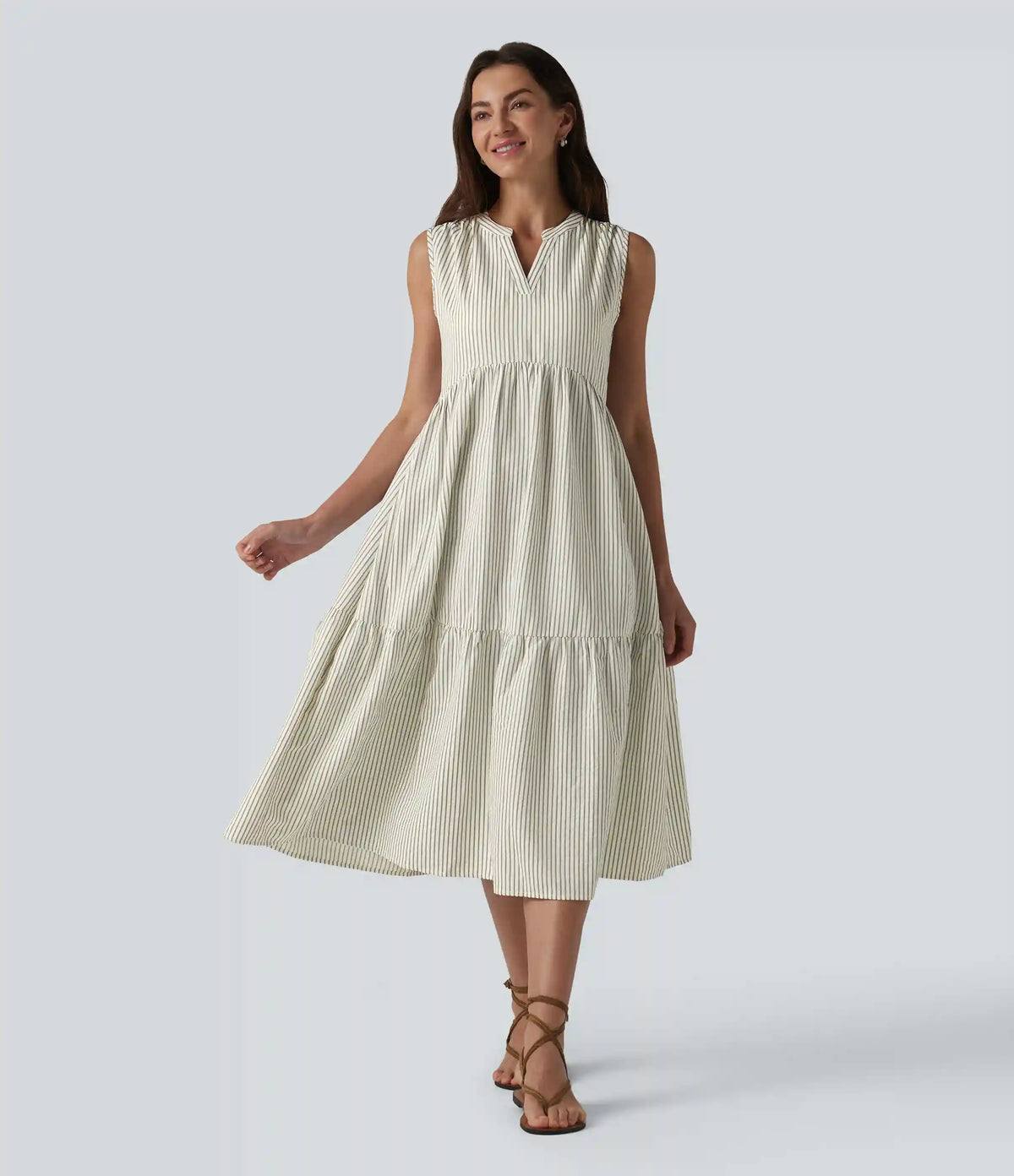 V Neck Built-in Bra Sleeveless Stripe Midi Dress