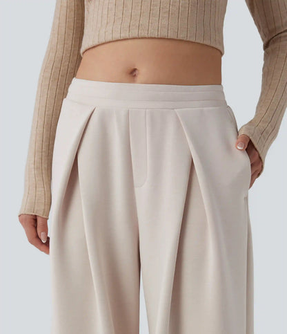SpacerTek™ Mid Rise Drawstring Crossover Casual Baggy Pants with Pockets