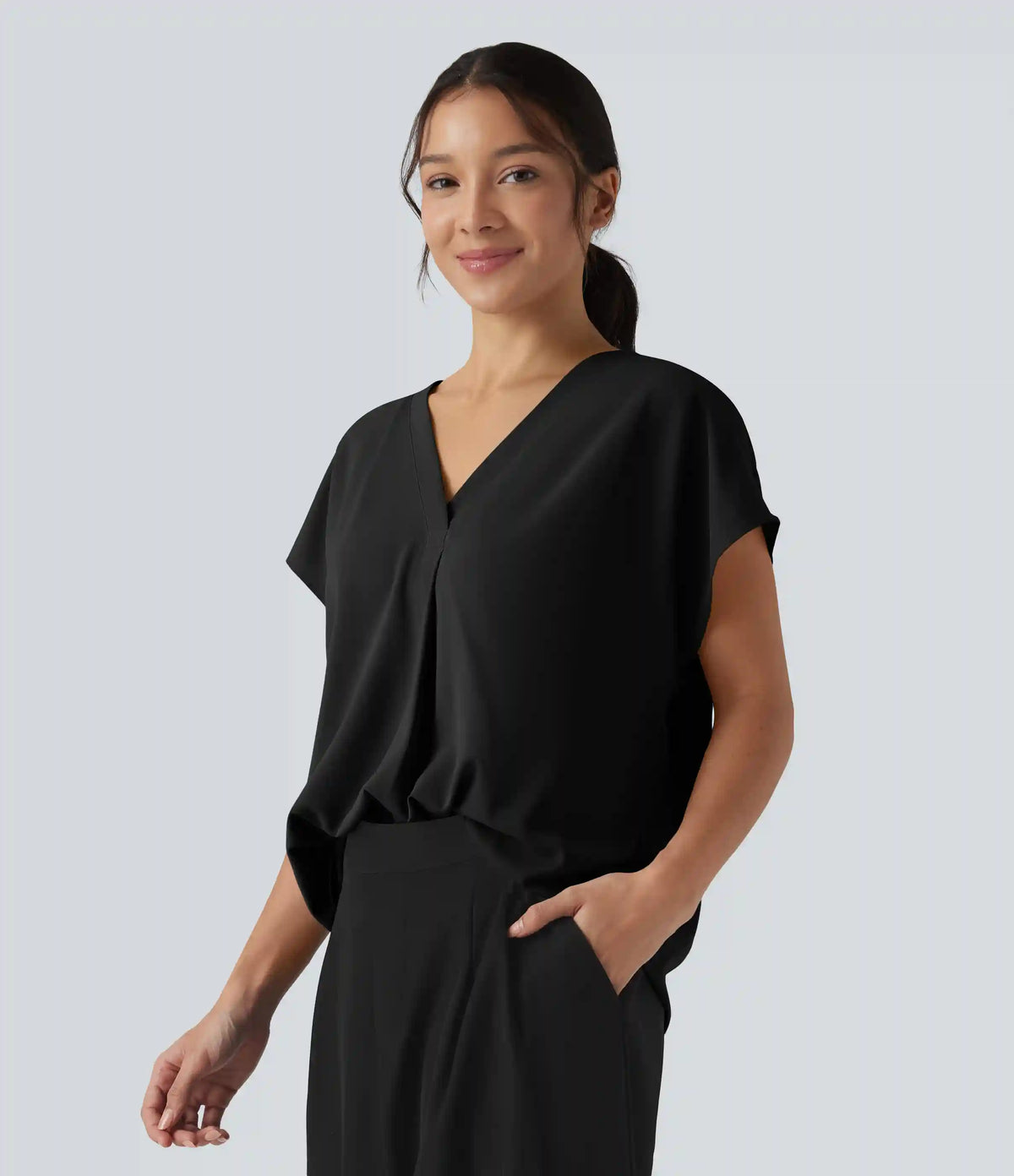 Wrinkle Recovery V-neck Short Sleeve Oversized Work Blouse