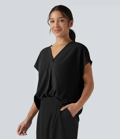 Wrinkle Recovery V-neck Short Sleeve Oversized Work Blouse