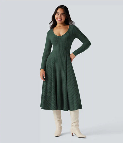 Ribbed Knit V Neck Long Sleeve Flare Midi Casual Dress