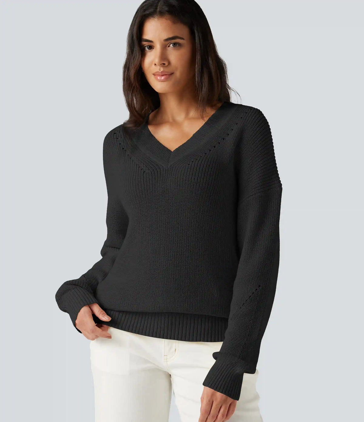 V Neck Dropped Shoulder Long Sleeve Cut Out Casual Sweater
