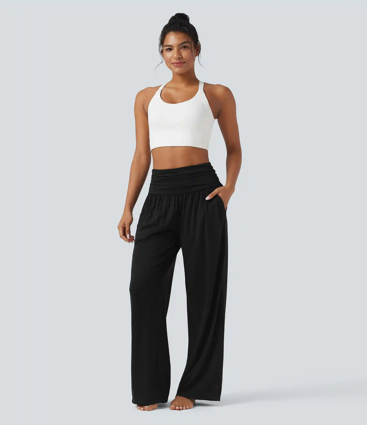 High Waisted Ruched Heathered Yoga Baggy Pants with Pockets