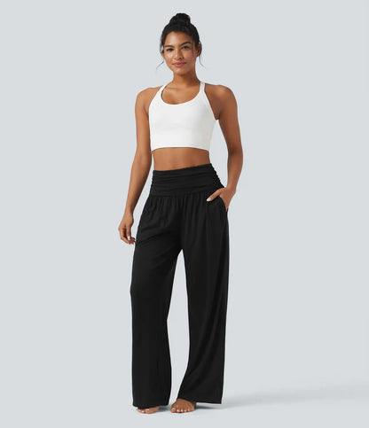 High Waisted Ruched Heathered Yoga Baggy Pants with Pockets