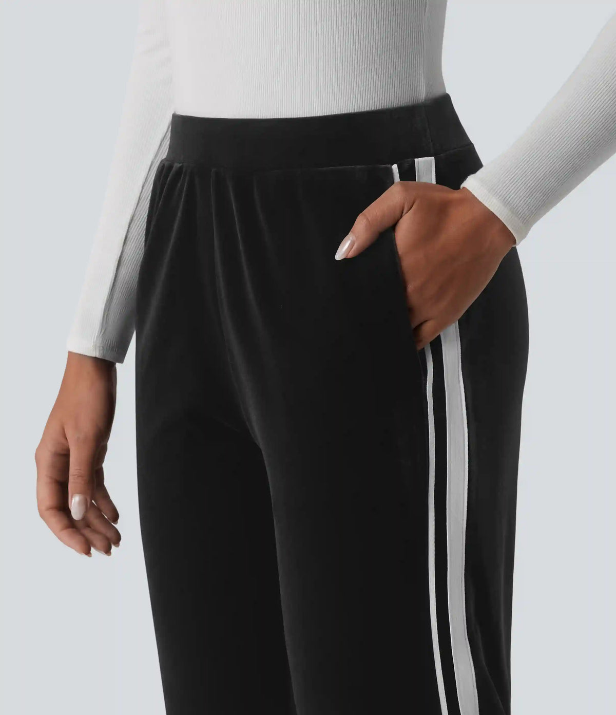 Low Rise Color Block Stripes Velvet Casual Flare Pants with Pockets