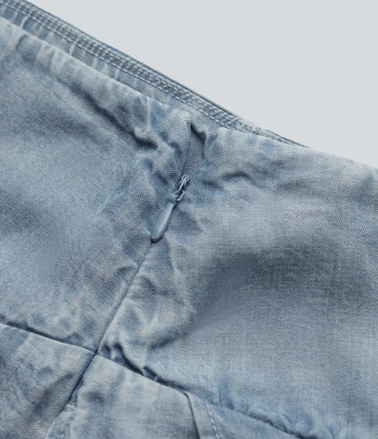 High Waisted Invisible Zipper Asymmetric Hem Midi Draped Lyocell Denim Casual Flowy Skirt with Pockets