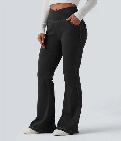 Mid Rise Crossover Super Flare Casual Leggings with Pockets