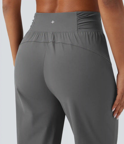 High Waisted Drawstring Ruched Tapered Quick Dry Cool Touch Dance Joggers with Pockets-UPF40+
