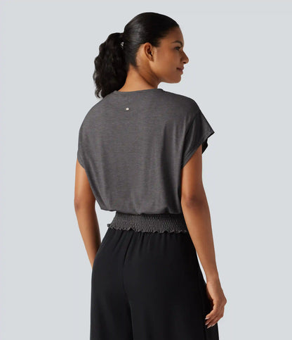 Round Neck Short Sleeve Ruched Casual T-Shirt