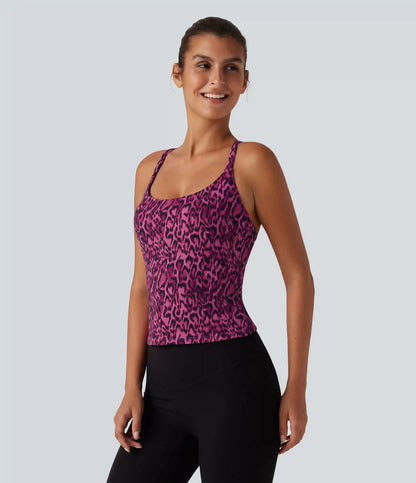 Halara UltraSculpt™ Leopard Print Scoop Neck Built-in Bra Crossover Hem Yoga Tank Top