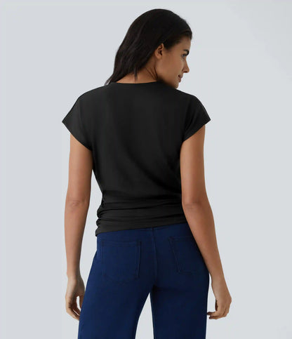 V Neck Cap Sleeve Crossover Ruched Solid Work Blouse