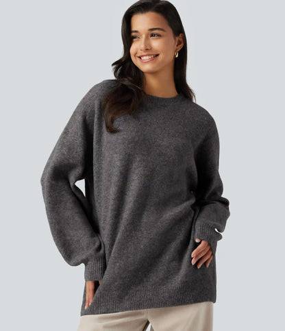 Round Neck Dropped Long Sleeve Work Wool-Blend Sweater
