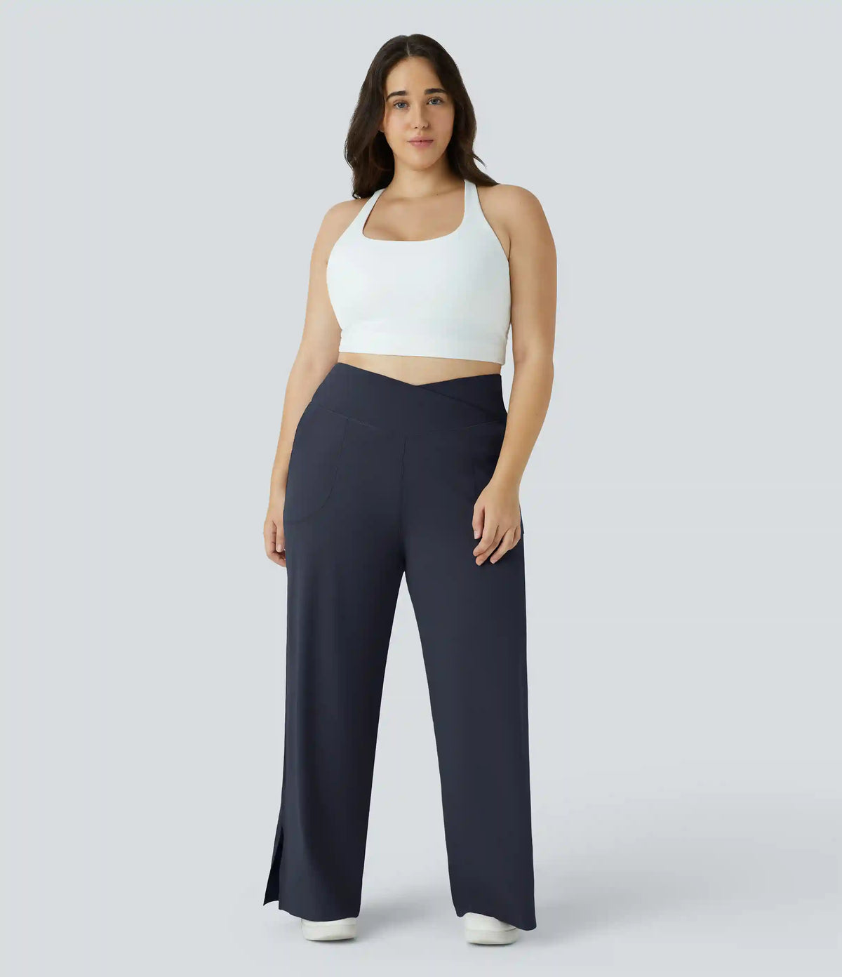 DayStretch Crossover Pocket Hem Plus Size Wide Leg Yoga Pants-Smile
