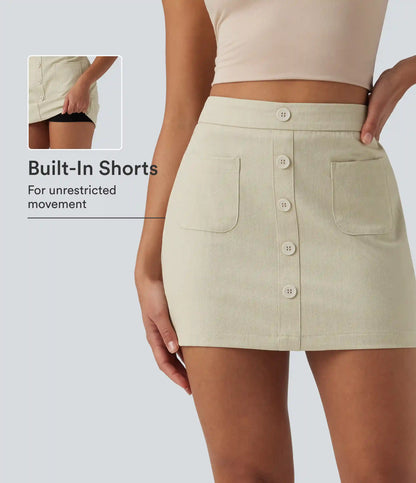 High Waisted Invisible Zipper 2-in-1 Denim Like Bodycon Mini Casual Skirt with Pockets