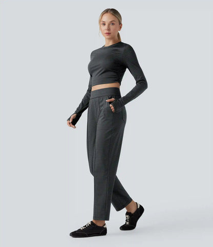 High Waisted Stripes Workout Tapered Pants with Pockets