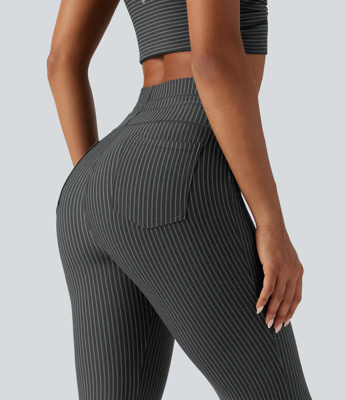 High Waisted Drawstring Stripe Flare Yoga Pants with Pockets