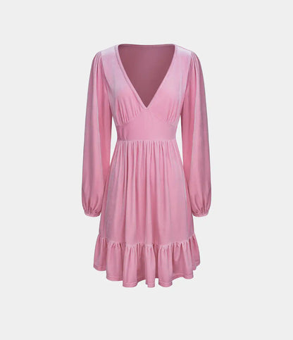 Everyday Deep V Neck Long Sleeve Ruffled Hem Velvet Mini Chill Dress