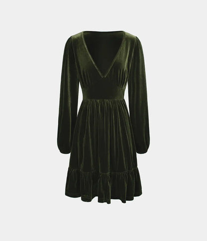 Everyday Deep V Neck Long Sleeve Ruffled Hem Velvet Mini Chill Dress