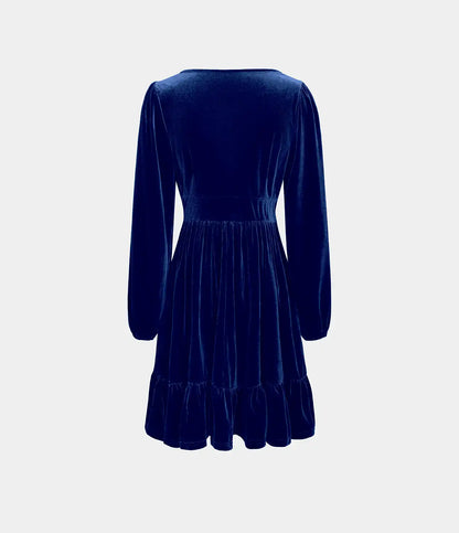 Everyday Deep V Neck Long Sleeve Ruffled Hem Velvet Mini Chill Dress
