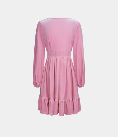 Everyday Deep V Neck Long Sleeve Ruffled Hem Velvet Mini Chill Dress